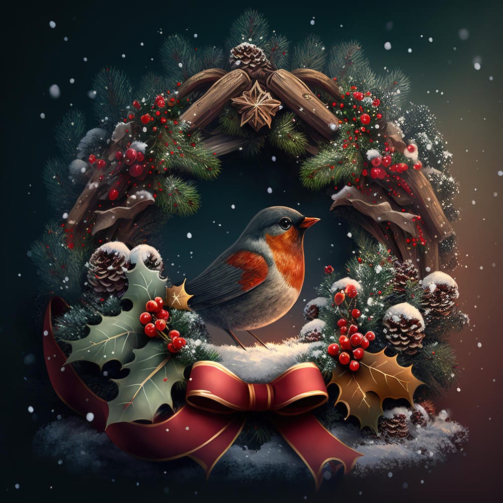 A winter christmas bird in wreath