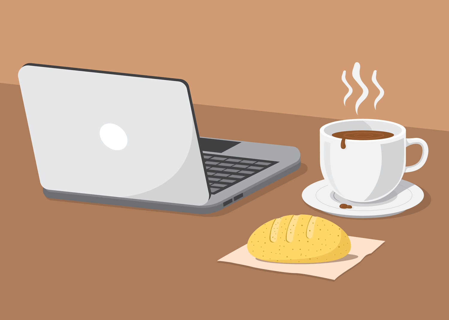A computer coffee and bread